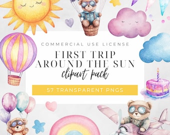 First Trip Around the Sun Clipart, 1st Birthday Party, Watercolor Teddy Bear, Baby Birthday, Digital Transparent PNGs, Commercial Use