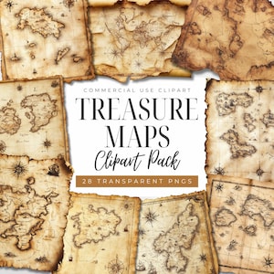 May include: A selection of antique treasure maps with a parchment paper texture. The maps are in various shapes and sizes, featuring nautical compass roses and ship illustrations. The text "TREASURE MAPS Clipart Pack" is displayed.