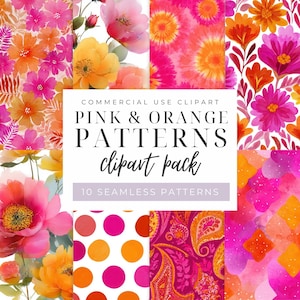 May include: A collection of ten seamless patterns in pink and orange. The patterns include floral designs, tie-dye effects, polka dots, and paisley prints. The text on the image reads "PINK & ORANGE PATTERNS clipart pack" and "10 SEAMLESS PATTERNS".
