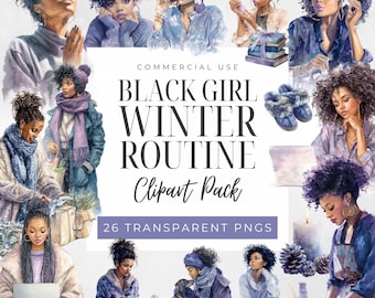 Peut inclure: Pack de cliparts aquarelle intitulé "Black Girl Winter Routine" présentant des illustrations de femmes noires dans des scènes hivernales. Les images incluent des femmes aux cheveux bouclés, portant des écharpes, des chapeaux et des vêtements chauds. Le pack comprend 26 PNG transparents.