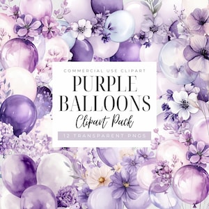 Lila Ballon Bouquet, Pastell Ballon Girlande Clipart, Aquarell Ballon Bogen Clipart, digitaler Download, transparente PNGs, kommerzielle Nutzung