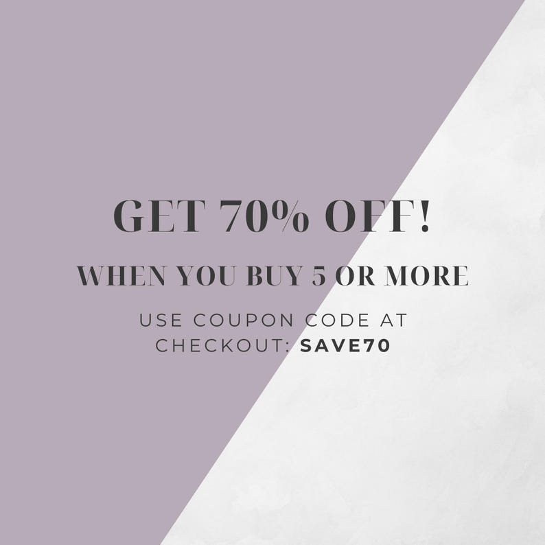 May include: Text graphic on a purple and white background. The text reads "GET 70% OFF! WHEN YOU BUY 5 OR MORE USE COUPON CODE AT CHECKOUT: SAVE70"