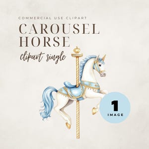Puede incluir: Ilustración en acuarela de un caballo de carrusel con crin y cola azules, adornado con una silla de montar azul y detalles dorados. La imagen incluye el texto "CAROUSEL HORSE clipart single" y un círculo azul con el número "1" y la palabra "IMAGE".