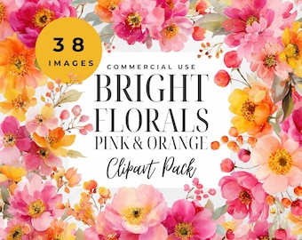 Bright Pink and Orange Floral Clipart, Watercolor Flower PNG, Colorful Spring Flowers, Wedding Florals, Vivid Wildflowers, Summer Botanicals