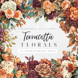 Terracotta Floral Clipart Pack, Burgundy and Blush Watercolor Flowers, Wedding Botanical, Floral Bouquets, Boho Floral Clipart