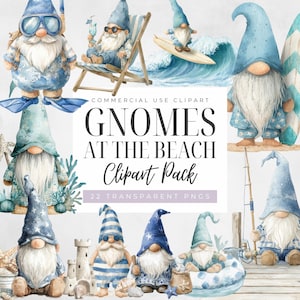 Gnome On Beach Clipart, Watercolor Beach Gnome Clipart, Cute Gnomes Png, Summer Gnome Png, Aqua Blue Seaside Gnomes, Digital Transparent PNG