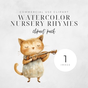 Aquarel kinderrijmpjes clipart, Cat and the Fiddle, Hey Diddle Diddle, sprookjesachtige clipart, decor van de kinderkamer, kinderverhalenboek clipart