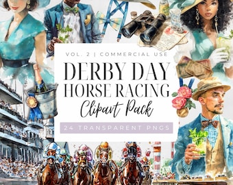 May include: Watercolor clipart pack featuring Derby Day horse racing theme. Includes illustrations of people in hats and suits, racehorses, binoculars, and champagne. Text reads "Derby Day Horse Racing Clipart Pack".