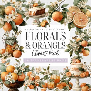 Orange Blossom Clipart, Watercolor Oranges & Citrus Florals, Summer Fruit Clipart, Wedding, Baby Shower, Transparent PNG, Digital Download