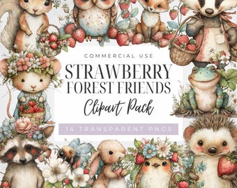 Animaux des bois avec des fraises des cliparts, amis de la forêt, fraise souris des cliparts, clipart aquarelle hibou mignon, PNG transparents numériques