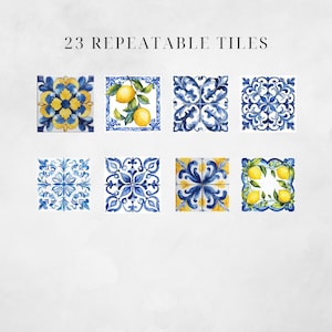 Op de afbeelding: Acht vierkante tegels met aquarelontwerpen in blauw en geel. Sommige tegels hebben bloempatronen, andere citroenen. De tekst "23 REPEATABLE TILES" staat bovenaan. Deze tegels zijn geschikt voor interieurprojecten.
