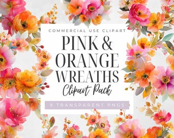 Bright Pink and Orange Floral Wreaths Clipart, Watercolor Flower PNG, Colorful Spring Flowers, Vivid Wildflower Frames, Summer Botanicals