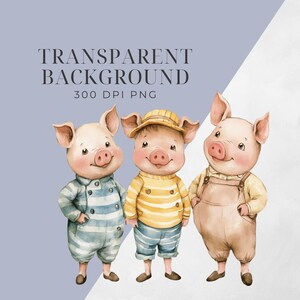 May include: Three watercolor illustrations of pigs wearing different outfits. The pig on the left is wearing a blue and white striped jumpsuit. The pig in the middle is wearing a yellow and white striped shirt and blue jeans. The pig on the right is wearing a brown overall.