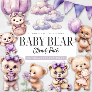 Watercolor Aviator Bear Clipart, Cute Teddy Baby Shower, Purple Nursery Clip Art, Digital Download, Transparent PNG, Commercial Use