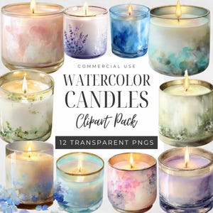 May include: An assortment of watercolour candles in glass jars, each with a lit wick. The candles feature various designs, including floral and abstract watercolour patterns. Text on the image reads "WATERCOLOR CANDLES Clipart Pack".