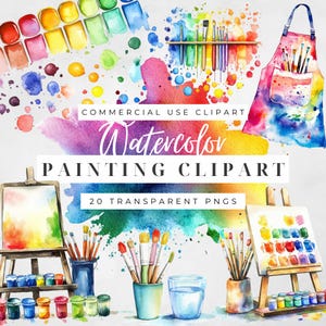Puede incluir: Conjunto de clipart de pintura de acuarela con 20 archivos PNG transparentes. Incluye pinceles, paletas de pintura, vasos de agua y un caballete.