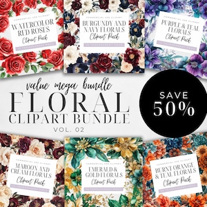 Lot de cliparts floraux aquarelle bordeaux et crème, bleu marine, violet et bleu sarcelle, orange brûlé, émeraude et or, bouquet de fleurs, usage commercial