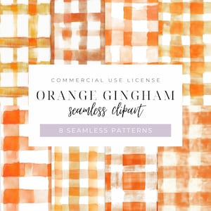 Può includere: Otto motivi di gingham arancioni senza cuciture con un effetto acquerello. LICENZA DI UTILIZZO COMMERCIALE. GINGHAM ARANCIONE clipart senza cuciture. 8 MOTIVI SENZA CUCITURE.