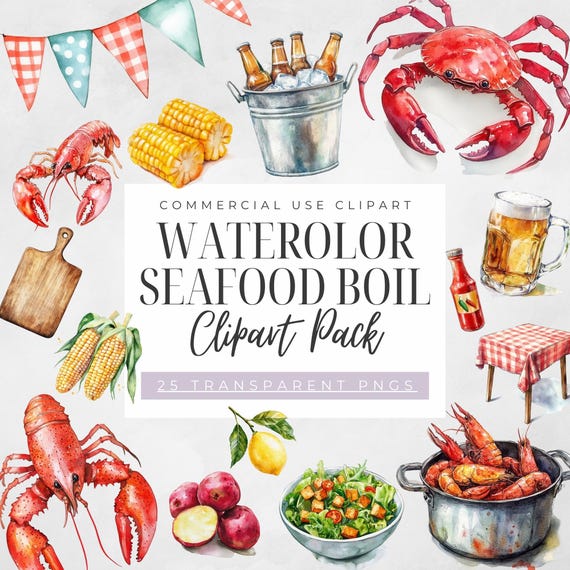 Watercolor Seafood Boil Digital Clipart, Instant Download, Commercial Use, Transparent PNGs