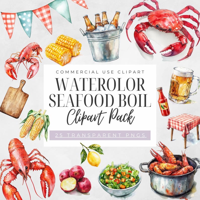 Watercolor seafood boil Clipart, Instant Download, Louisiana Clipart, Shrimp Clipart, Kitchen Clip Art, Crab Illustration, Prawn Clipart, Fish Clip Art, Sea Food, Thai Food Menu, Party Invitation, Crawfish Clip Art, commercial use, transparent PNGs