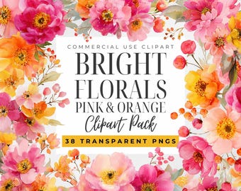 Bright Pink and Orange Floral Clipart, Watercolor Flower PNG, Colorful Spring Flowers, Wedding Florals, Vivid Wildflowers, Summer Botanicals