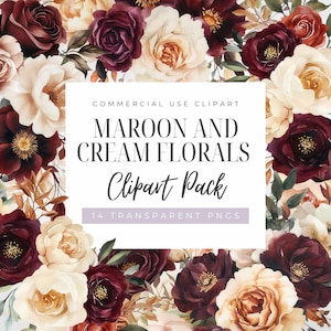 Maroon and Cream Florals, Clipart akwarelowych kwiatów, Przezroczysty Png, Zaproszenie ślubne, Dziennik śmieci, Natychmiastowe pobieranie, Wykorzystanie komercyjne