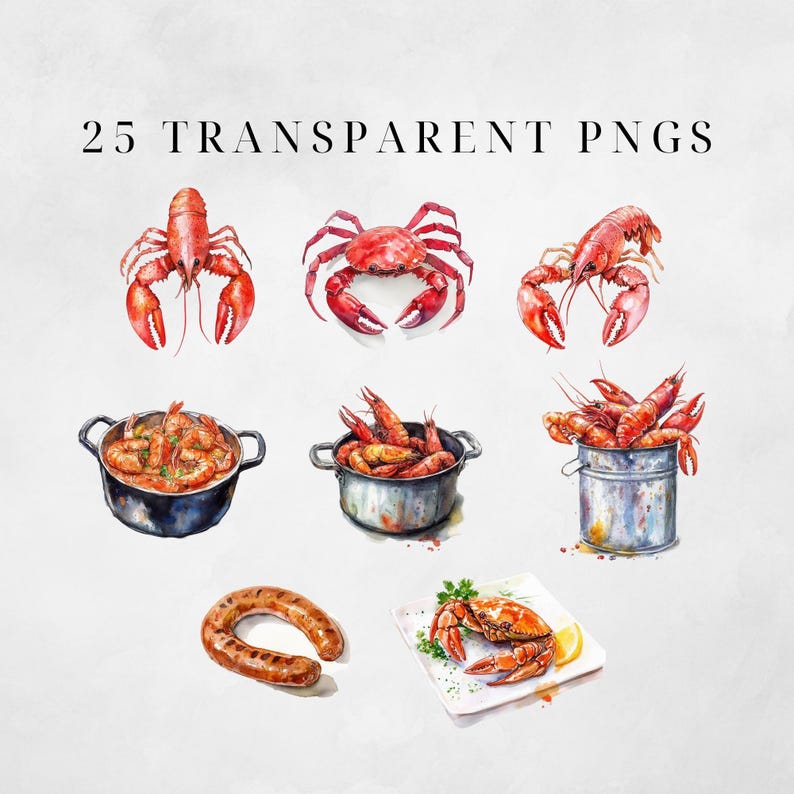 Watercolor seafood boil Clipart, Instant Download, Louisiana Clipart, Shrimp Clipart, Kitchen Clip Art, Crab Illustration, Prawn Clipart, Fish Clip Art, Sea Food, Thai Food Menu, Party Invitation, Crawfish Clip Art, commercial use, transparent PNGs