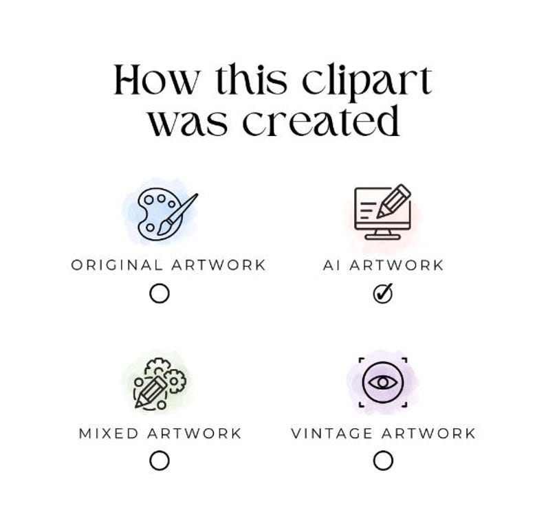 May include: A multiple choice quiz asks how this clipart was created. The options are: Original Artwork, AI Artwork, Mixed Artwork, and Vintage Artwork. The correct answer is AI Artwork, which is marked with a checkmark.