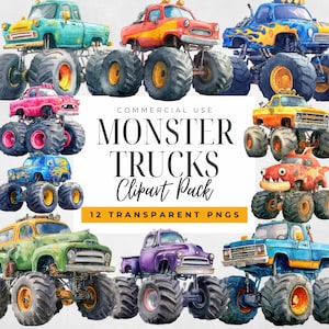 May include: A collection of watercolor monster truck clipart in various colors, including blue, green, red, and purple. The image includes the text "MONSTER TRUCKS Clipart Pack" and "12 TRANSPARENT PNGS".