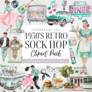 Könnte beinhalten: Aquarellillustrationen im Retro-Sock-Hop-Stil der 1950er Jahre. Enthält ein Diner-Schild, ein klassisches Auto, eine Jukebox, ein Soda-Geschäft, ein tanzendes Paar und eine Kellnerin. Der Text lautet "1950's Retro Sock Hop Clipart Pack".