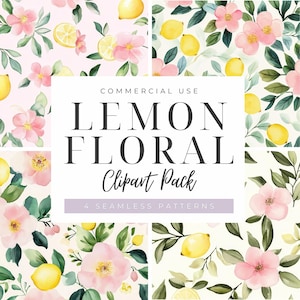 Clipart motif floral sans couture répétitif citron, aquarelle limonade rose, papiers numériques, PNG de fond, usage commercial, téléchargement immédiat