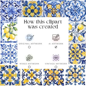 Op de afbeelding: Een collage van decoratieve tegels met blauwe en gele bloempatronen en citroenillustraties. De tekst "How this clipart was created" wordt weergegeven met opties voor originele, AI, gemengde en vintage kunstwerken.