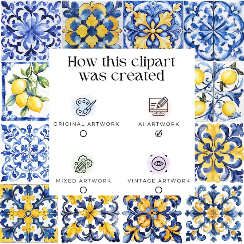 Op de afbeelding: Een collage van decoratieve tegels met blauwe en gele bloempatronen en citroenillustraties. De tekst "How this clipart was created" wordt weergegeven met opties voor originele, AI, gemengde en vintage kunstwerken.