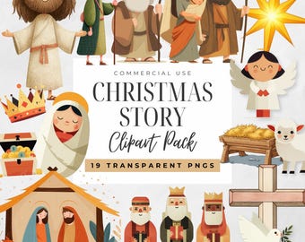 Könnte beinhalten: Eine Sammlung von weihnachtlichen Clipart-Illustrationen. Das Bild zeigt Darstellungen von Jesus, den Heiligen Drei Königen, Engeln und der Weihnachtsgeschichte. Der Text "Christmas Story Clipart Pack" ist ebenfalls sichtbar.
