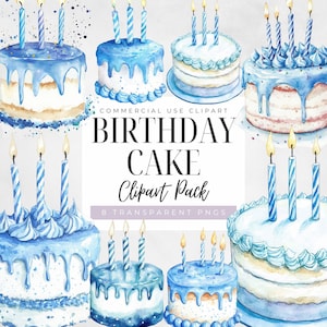 Aquarell Blau Geburtstagskuchen Clipart, hübsche Desserts, digitaler Download, transparente PNG, kommerzielle Nutzung, süßer Kuchen mit Kerzen Clipart