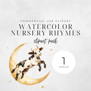 Clipart kinderliedjes aquarel | Koe springt over de maan | Fairytale clipart, decor kinderkamer, kinderverhalenboek clipart, babyshower