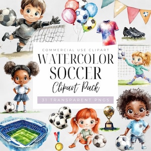 Jogador de futebol, clipart de menino e menina, download instantâneo, uso comercial, PNG transparente, clipart de campo de futebol em aquarela, bola, esportes infantis