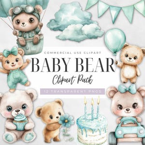 Watercolor Aviator Bear Clipart, Cute Teddy Baby Shower, Teal Nursery Clip Art, Digital Download, Transparent PNG, Commercial Use