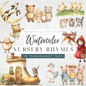 Könnte beinhalten: Aquarell-Illustrationen von Figuren aus Kinderreimen, darunter eine Kuh, die über den Mond springt, drei kleine Schweinchen, eine Gans, ein Wolf und ein kleines Mädchen in einer roten Kapuze. Die Illustrationen eignen sich perfekt zum Erstellen von Bastelarbeiten, Karten und anderen Projekten zum Thema Kinderreime.