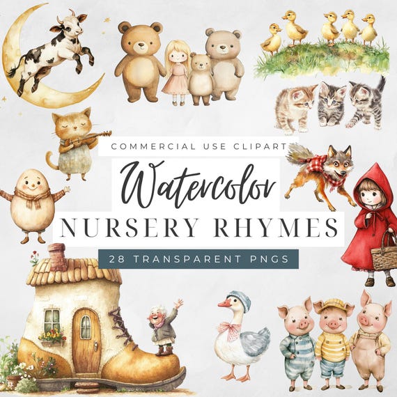 Watercolor Nursery Rhymes Clipart, Commercial Use Transparent PNGs, 5 Little Monkeys, Baby Shower Invitation, 3 Little Pigs, Cute Animals