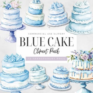 Watercolor Blue Cakes Clipart, Pretty Dessert, Digital Download, Transparent PNG, Commercial Use, Cute Cake With Candles, Cake Stand Clipart