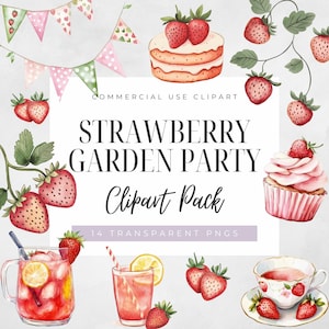 Aquarell Erdbeere Gartenparty, Beere süße Babyparty Clipart, nahtlose Muster, transparente Pngs, digitaler Download, kommerzielle Nutzung