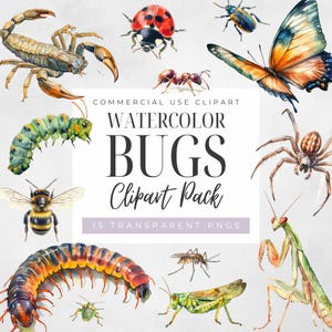 May include: Watercolour clipart pack of 15 bugs, including a scorpion, caterpillar, bee, centipede, mosquito, grasshopper, praying mantis, spider, ladybug, and butterfly. The bugs are painted in realistic detail with vibrant colours.