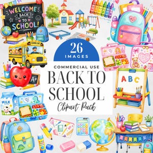 Può includere: Una collezione di 26 illustrazioni scolastiche ad acquerello che includono uno scuolabus giallo, zaini, portapranzo, un mappamondo, una lavagna con il testo Welcome Back To School, pastelli, una calcolatrice e varie forniture scolastiche.