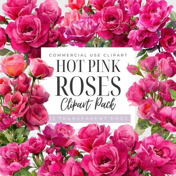 Hot Pink Rose Clipart, Watercolor Flowers, Rose Bouquet PNGs, Pink Floral Clipart, Romantic Florals, Wedding Invitation, Transparent PNGs