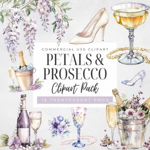 Fioletowe Płatki i Prosecco Clipart, Perły Akwarelowe, Cyfrowe Przezroczyste Png, Brunch & Bubbly, Użytkowanie Komercyjne, Wieczór Panieński, Wieczór Panieński