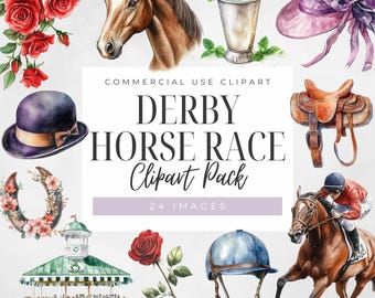 May include: A set of 24 watercolor illustrations featuring a horse race theme. The illustrations include a horse, jockey, saddle, horseshoe, jockey helmet, a mint julep, a hat, a rose, and a race track building. The text "Derby Horse Race Clipart Pack" is included in the image.