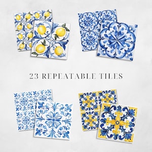 Op de afbeelding: Een assortiment van 23 herhaalbare tegels met diverse ontwerpen. Sommige tegels tonen citroenen en bladeren, terwijl andere blauwe bloempatronen laten zien. De tekst "23 REPEATABLE TILES" is zichtbaar.