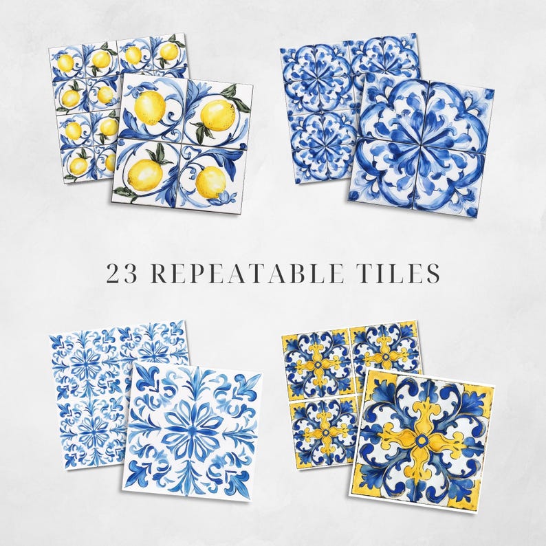 Op de afbeelding: Een assortiment van 23 herhaalbare tegels met diverse ontwerpen. Sommige tegels tonen citroenen en bladeren, terwijl andere blauwe bloempatronen laten zien. De tekst "23 REPEATABLE TILES" is zichtbaar.