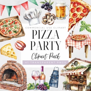 Clipart de festa de pizza, download digital, uso comercial, PNG transparente, pizzaria, pizza de coração, fatia de calabresa em aquarela, comida italiana